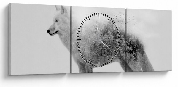 Obraz - Arktický vlk zrkadliaci divokú krajinu, čiernobiely (s hodinami) (90x30 cm)