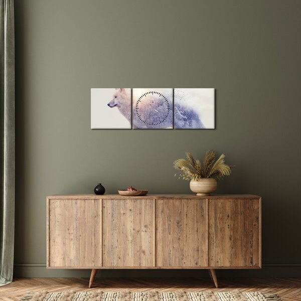 Obraz - Arktický vlk zrkadliaci divokú krajinu (s hodinami) (90x30 cm)