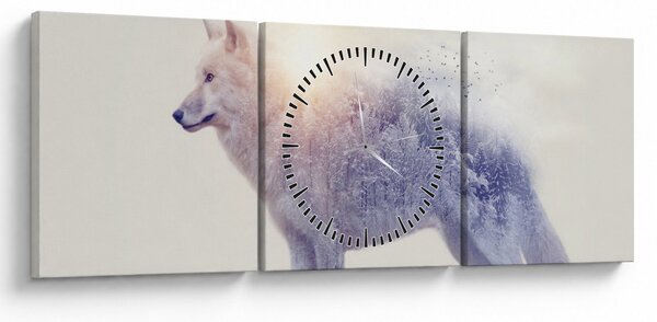 Obraz - Arktický vlk zrkadliaci divokú krajinu (s hodinami) (90x30 cm)