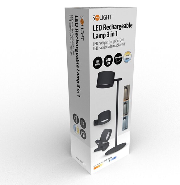 SOLIGHT LED nabíjacia lampička 3v1, 280lm, zmena CCT, stmievanie, čierna