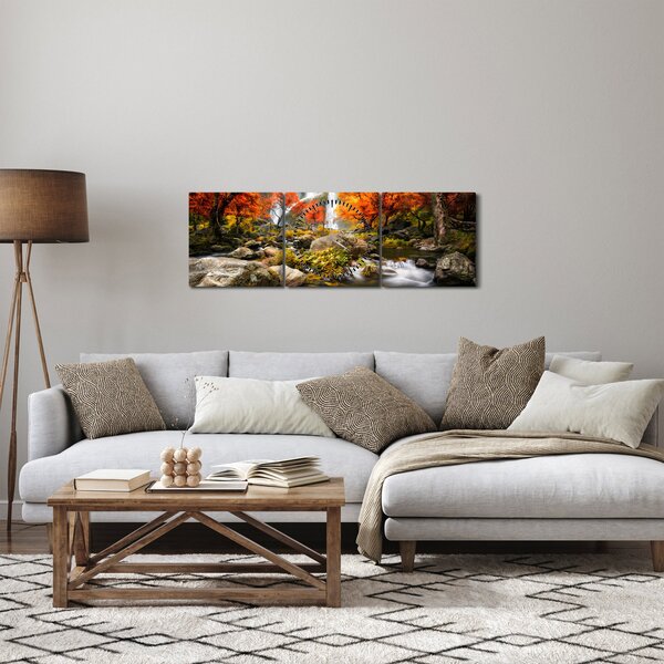 Obraz - Vodopády v oranžovom lese (s hodinami) (90x30 cm)