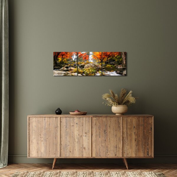 Obraz - Vodopády v oranžovom lese (s hodinami) (90x30 cm)