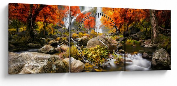 Obraz - Vodopády v oranžovom lese (s hodinami) (90x30 cm)
