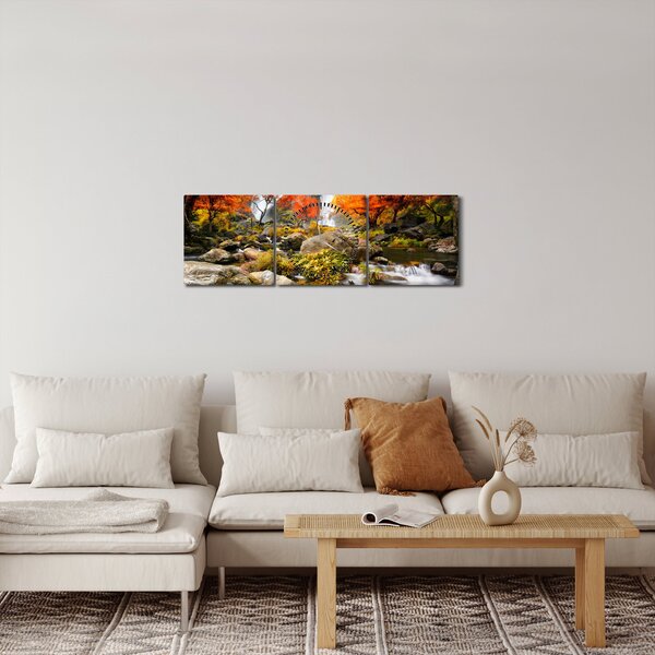 Obraz - Vodopády v oranžovom lese (s hodinami) (90x30 cm)