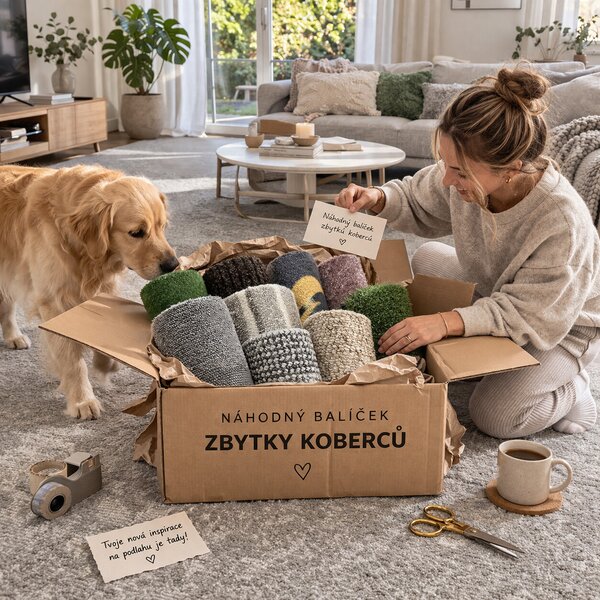 MK Original: Produkty s rodokmenem Balíček náhodných zvyškov nových kobercov ♻️ - Balíček A - min. 1.5 m2