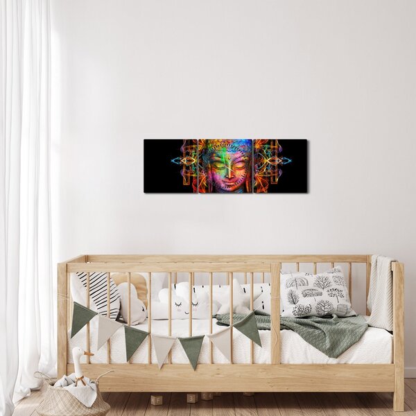 Obraz - Busta Budhu v neónových farbách (s hodinami) (90x30 cm)