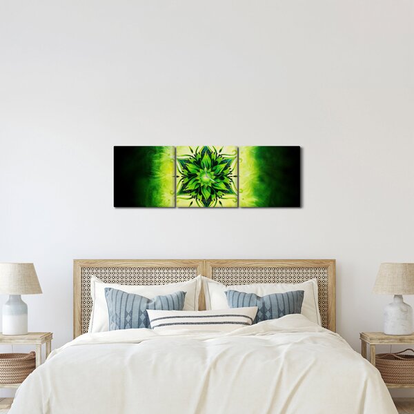 Obraz - Kvetinová mandala v zelenom pozadí (s hodinami) (90x30 cm)