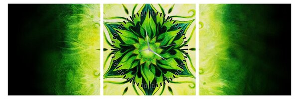 Obraz - Kvetinová mandala v zelenom pozadí (s hodinami) (90x30 cm)