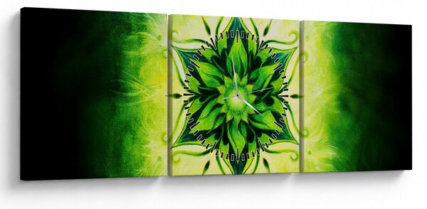 Obraz - Kvetinová mandala v zelenom pozadí (s hodinami) (90x30 cm)