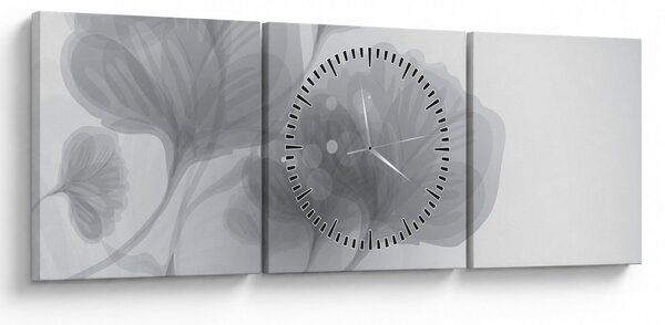 Obraz kvetov v šedých odtieňoch (s hodinami) (90x30 cm)