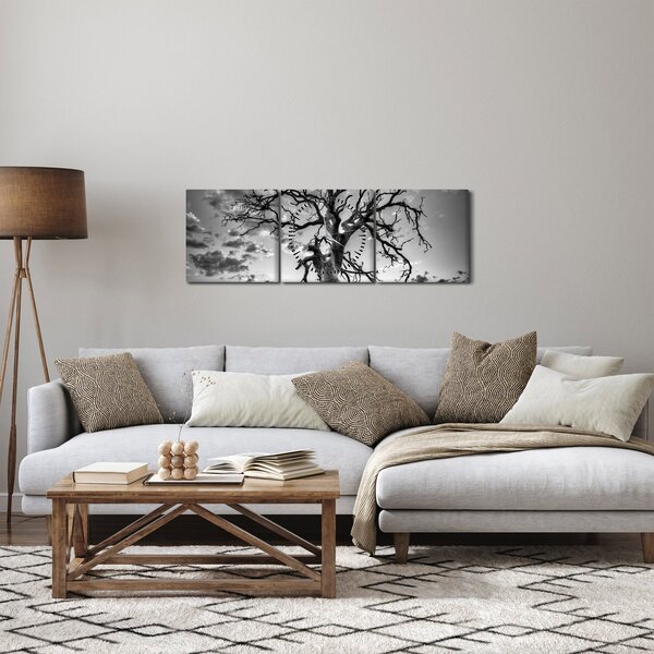 Obraz - Čiernobiely strom (s hodinami) (90x30 cm)
