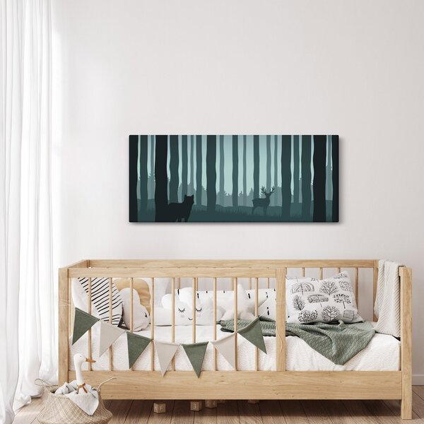 Obraz - Jeleň s vlkom v skalách (120x50 cm)