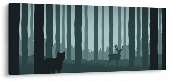 Obraz - Jeleň s vlkom v skalách (120x50 cm)