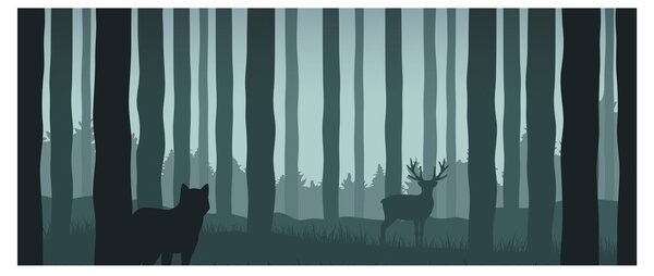 Obraz - Jeleň s vlkom v skalách (120x50 cm)
