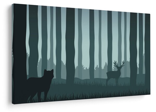 Obraz - Jeleň s vlkom v skalách (90x60 cm)