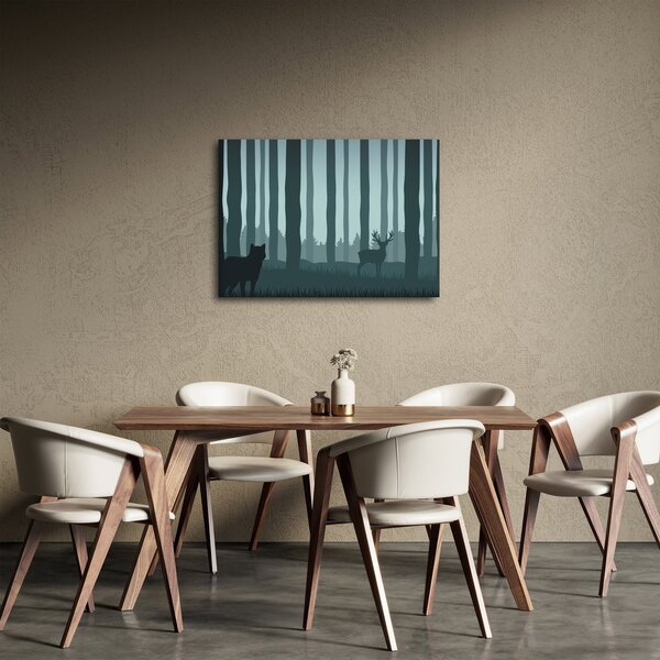 Obraz - Jeleň s vlkom v skalách (70x50 cm)