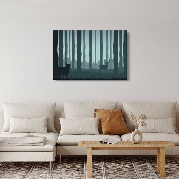 Obraz - Jeleň s vlkom v skalách (90x60 cm)