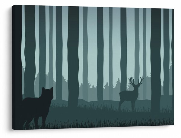 Obraz - Jeleň s vlkom v skalách (70x50 cm)
