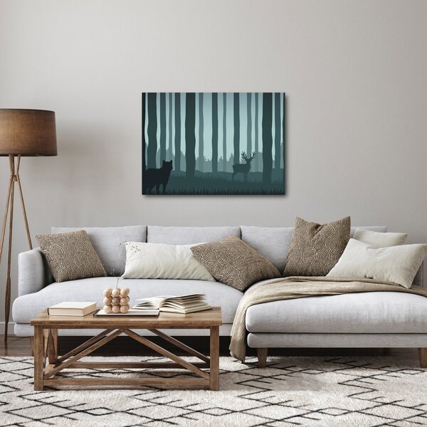 Obraz - Jeleň s vlkom v skalách (70x50 cm)