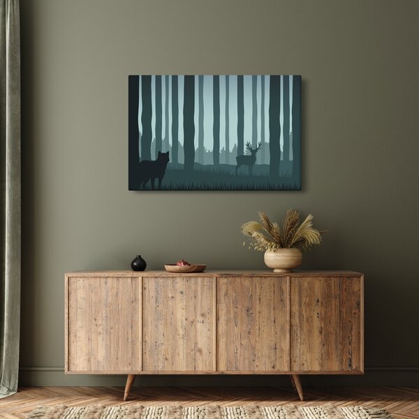 Obraz - Jeleň s vlkom v skalách (90x60 cm)