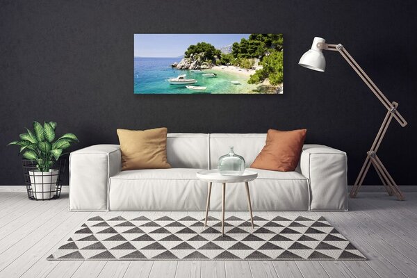 Obraz Canvas More pláž skaly lode 125x50 cm