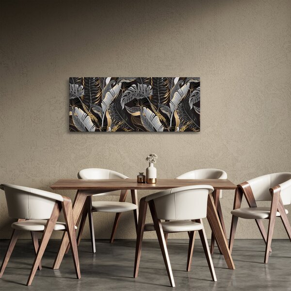 Obraz - Tropické listy v čierno-zlatej (120x50 cm)