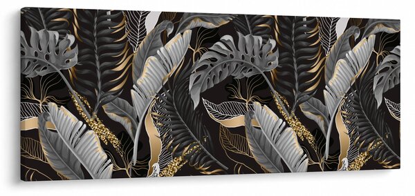 Obraz - Tropické listy v čierno-zlatej (120x50 cm)