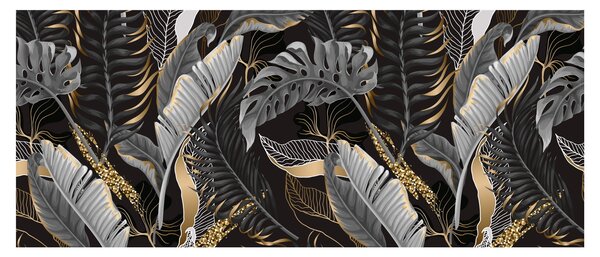 Obraz - Tropické listy v čierno-zlatej (120x50 cm)