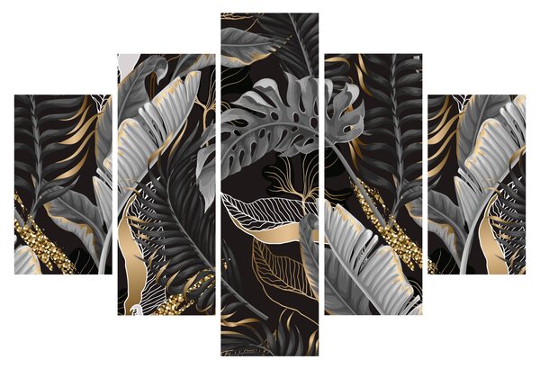 Obraz - Tropické listy v čierno-zlatej (150x105 cm)