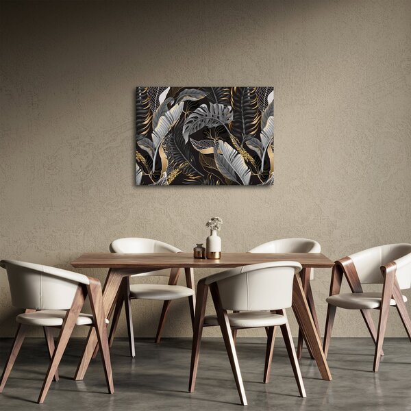 Obraz - Tropické listy v čierno-zlatej (70x50 cm)