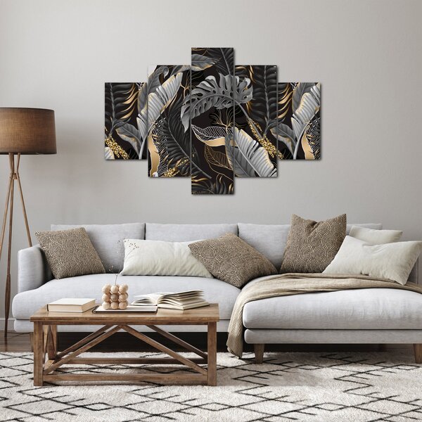 Obraz - Tropické listy v čierno-zlatej (150x105 cm)