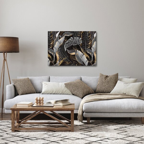 Obraz - Tropické listy v čierno-zlatej (70x50 cm)