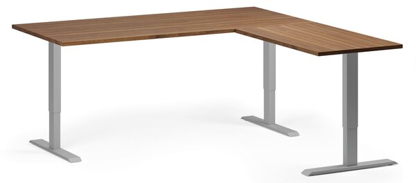 Výškovo nastaviteľný stôl, 180x180 cm, 3 motory, L/P, sivá podnož, orech