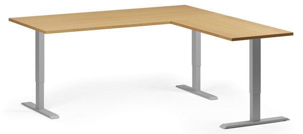 Výškovo nastaviteľný stôl, 180x180 cm, 3 motory, L/P, sivá podnož, buk