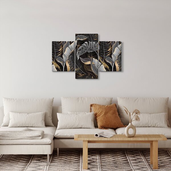 Obraz - Tropické listy v čierno-zlatej (90x60 cm)