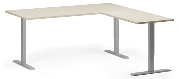 Výškovo nastaviteľný stôl, 180x180 cm, 3 motory, L/P, sivá podnož, breza