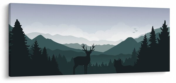 Obraz - Jeleň s vlkom v skalách (120x50 cm)