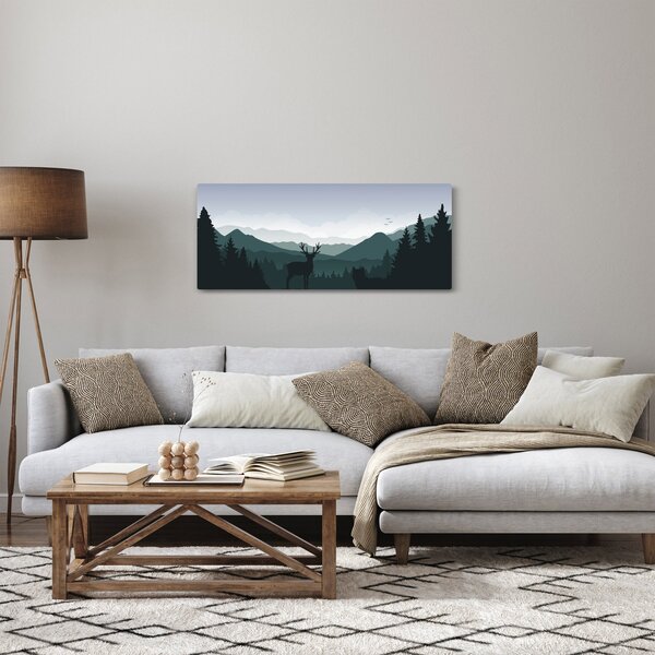 Obraz - Jeleň s vlkom v skalách (120x50 cm)