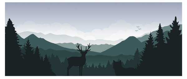 Obraz - Jeleň s vlkom v skalách (120x50 cm)