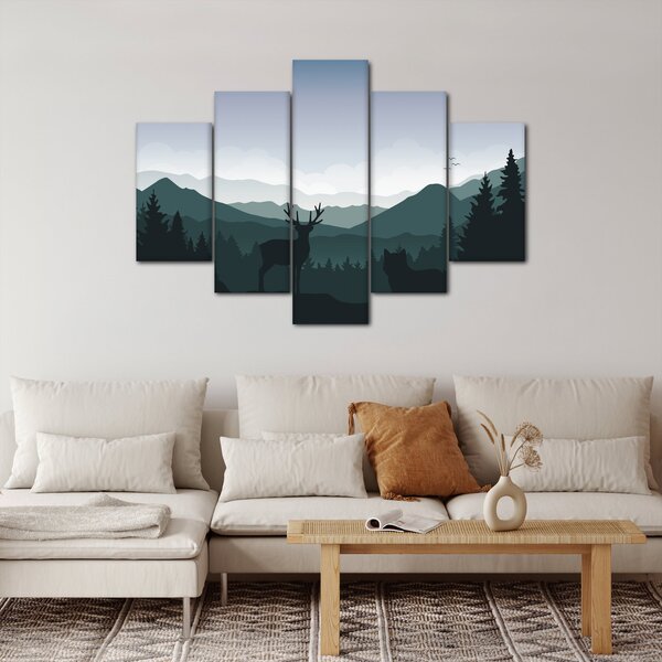 Obraz - Jeleň s vlkom v skalách (150x105 cm)