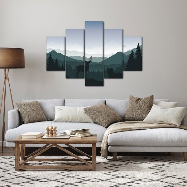 Obraz - Jeleň s vlkom v skalách (150x105 cm)