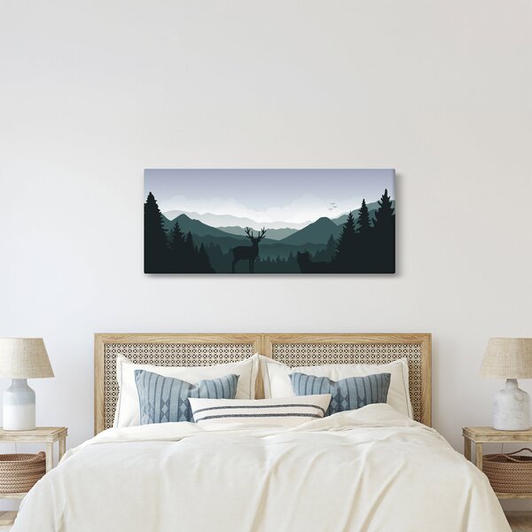 Obraz - Jeleň s vlkom v skalách (120x50 cm)