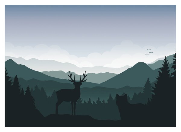 Obraz - Jeleň s vlkom v skalách (70x50 cm)