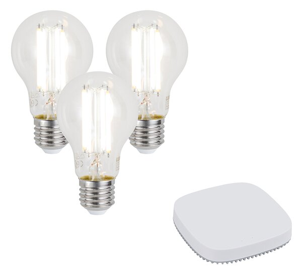 Sada 3 inteligentných stmievateľných LED žiaroviek E27 A60 7W 806LM 2700-6500K vrátane Zigbee Smart Hub