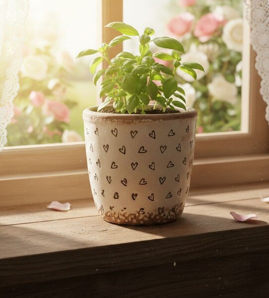 Béžový keramický obal na kvetináč so srdiečkami Hearti S - Ø 13*12 cm - Clayre & Eef