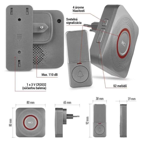 GoSmart Domový bezdrôtový zvonček do zásuvky s WiFi, šedý (P5735SS)