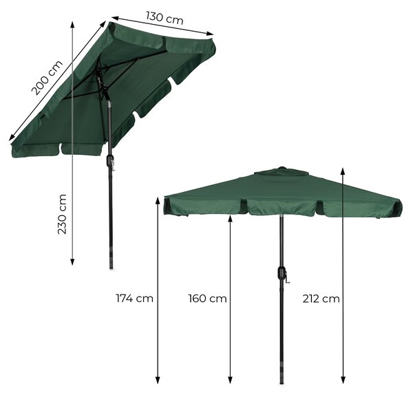 Obdĺžnikový veľký šikmý záhradný slnečník s kľukou zelený 200x130 cm MultiGarden