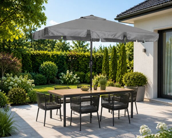 Obdĺžnikový veľký šikmý záhradný slnečník s kľukou sivý 200x130 cm MultiGarden