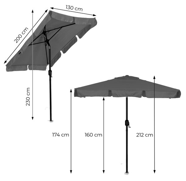 Obdĺžnikový veľký šikmý záhradný slnečník s kľukou sivý 200x130 cm MultiGarden