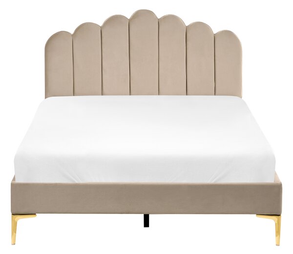 Posteľ sivobéžová zamatové čalúnenie 120 x 200 cm kovové nohy s čelom a roštom moderný glamour štýl spálňa